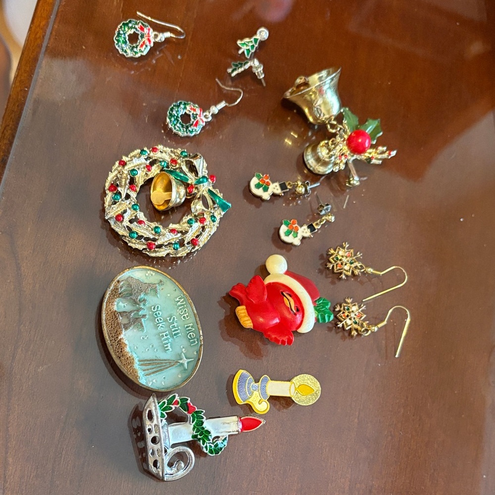Vintage Christmas Jewelry 4 earrings and 5 pins mixed metals